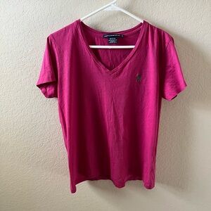 Ralph Lauren Sport Women’s Pink 100% Cotton V-Neck T-Shirt Polo Pony Logo Size L